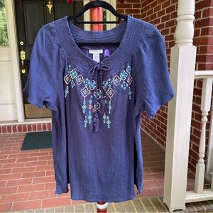 Catherines Peasant Short Sleeve Blue Top Cotton 1XWP Petite